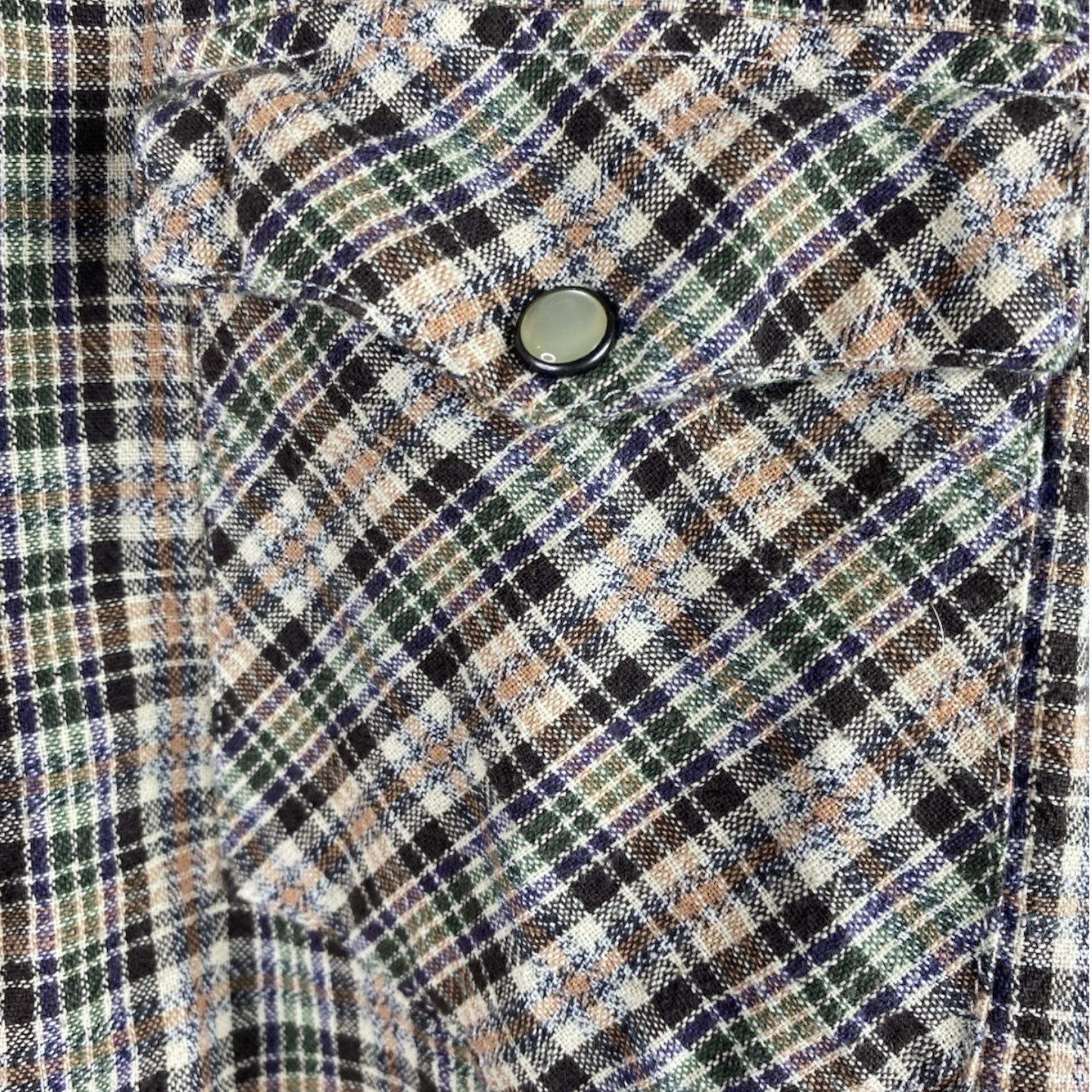 Close-up of a plaid fabric with a button in the center