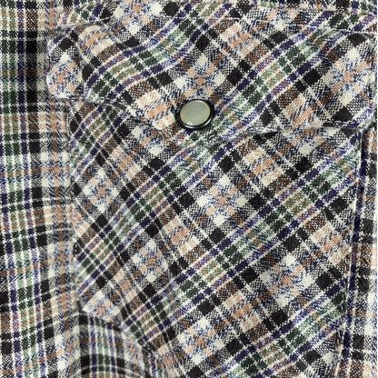 Close-up of a plaid fabric with a button in the center