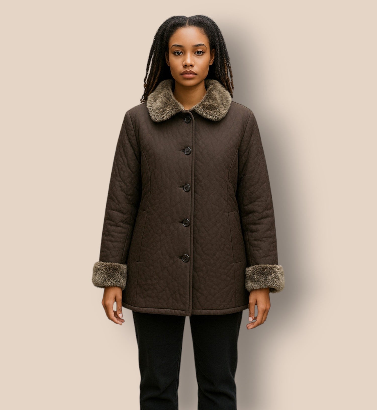 Caroline Charles Brown Quilted Fur Trimmed Coat UK 14 US 10 EU 42 - Timelessfashions