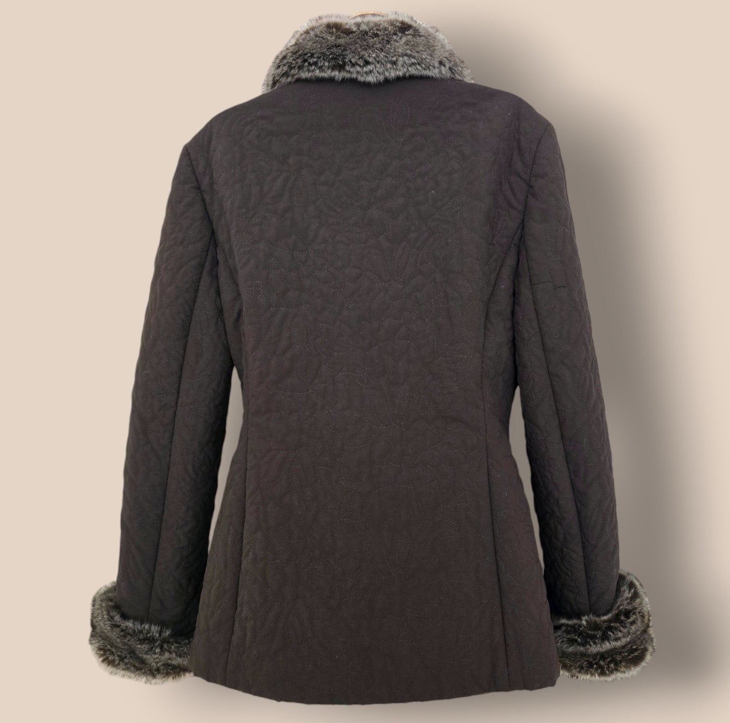 Caroline Charles Brown Quilted Fur Trimmed Coat UK 14 US 10 EU 42 - Timelessfashions