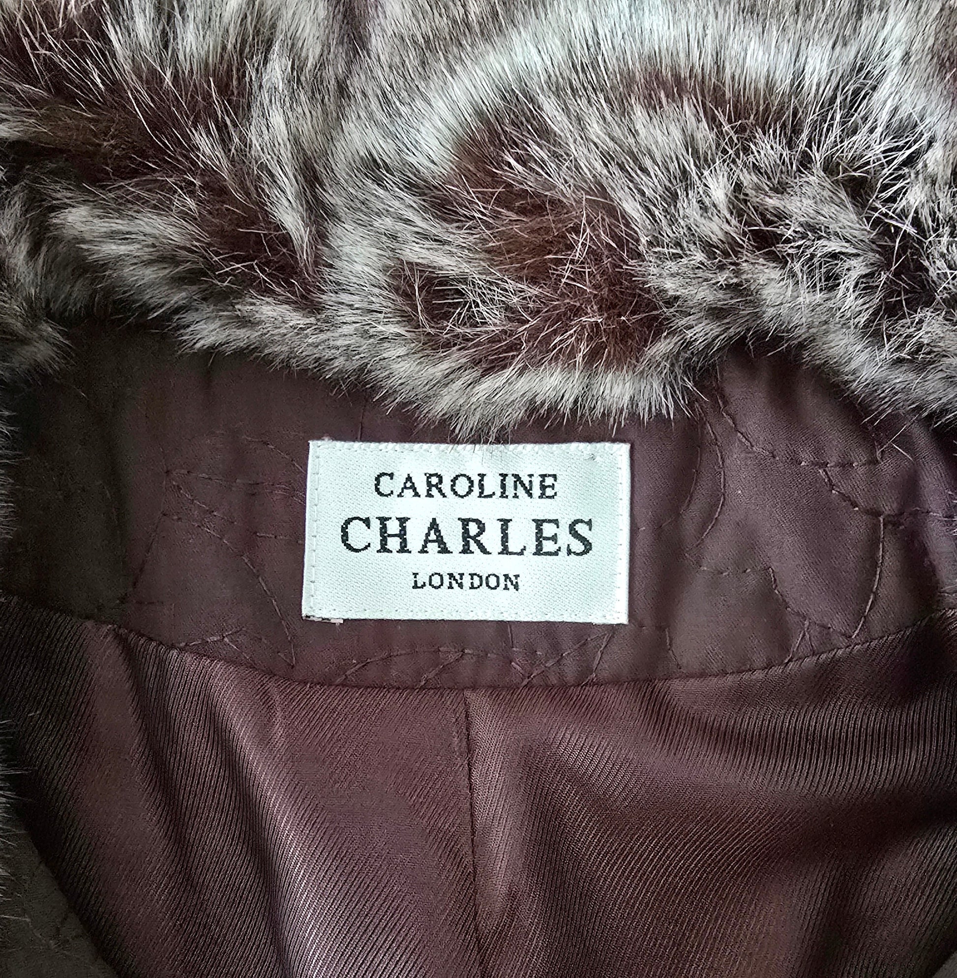 Caroline Charles Brown Quilted Fur Trimmed Coat UK 14 US 10 EU 42 - Timelessfashions