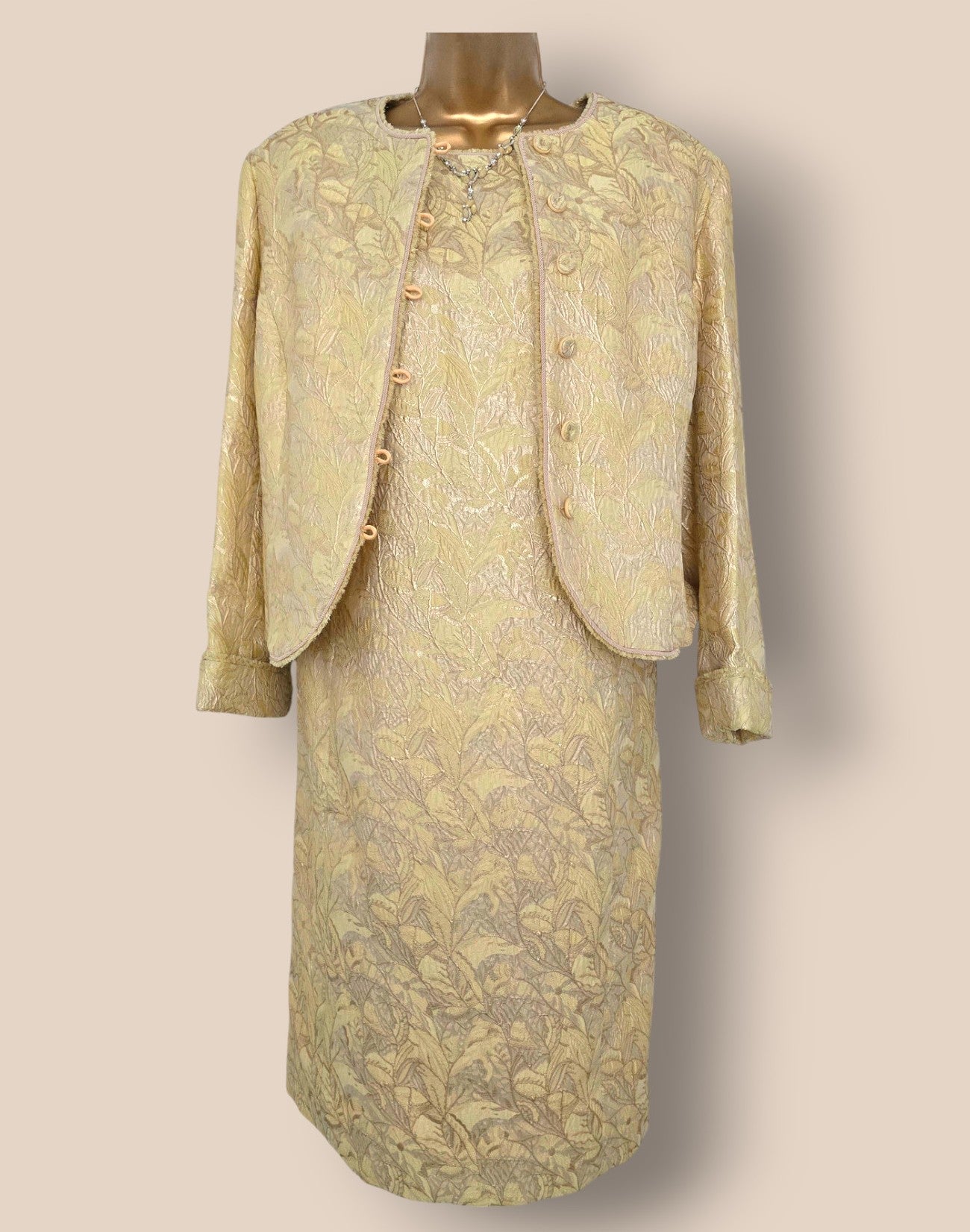 Caroline Charles Gold Jacquard Dress And Jacket UK 18 US 14 EU 46 - Timelessfashions