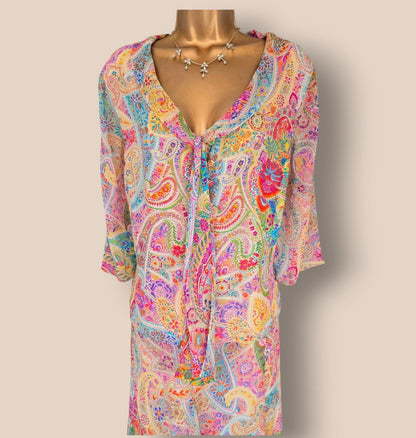 Caroline Charles Vintage Multicoloured Silk Blouse & Skirt UK 14/16 US 10/12 EU 42/44 - Timelessfashions