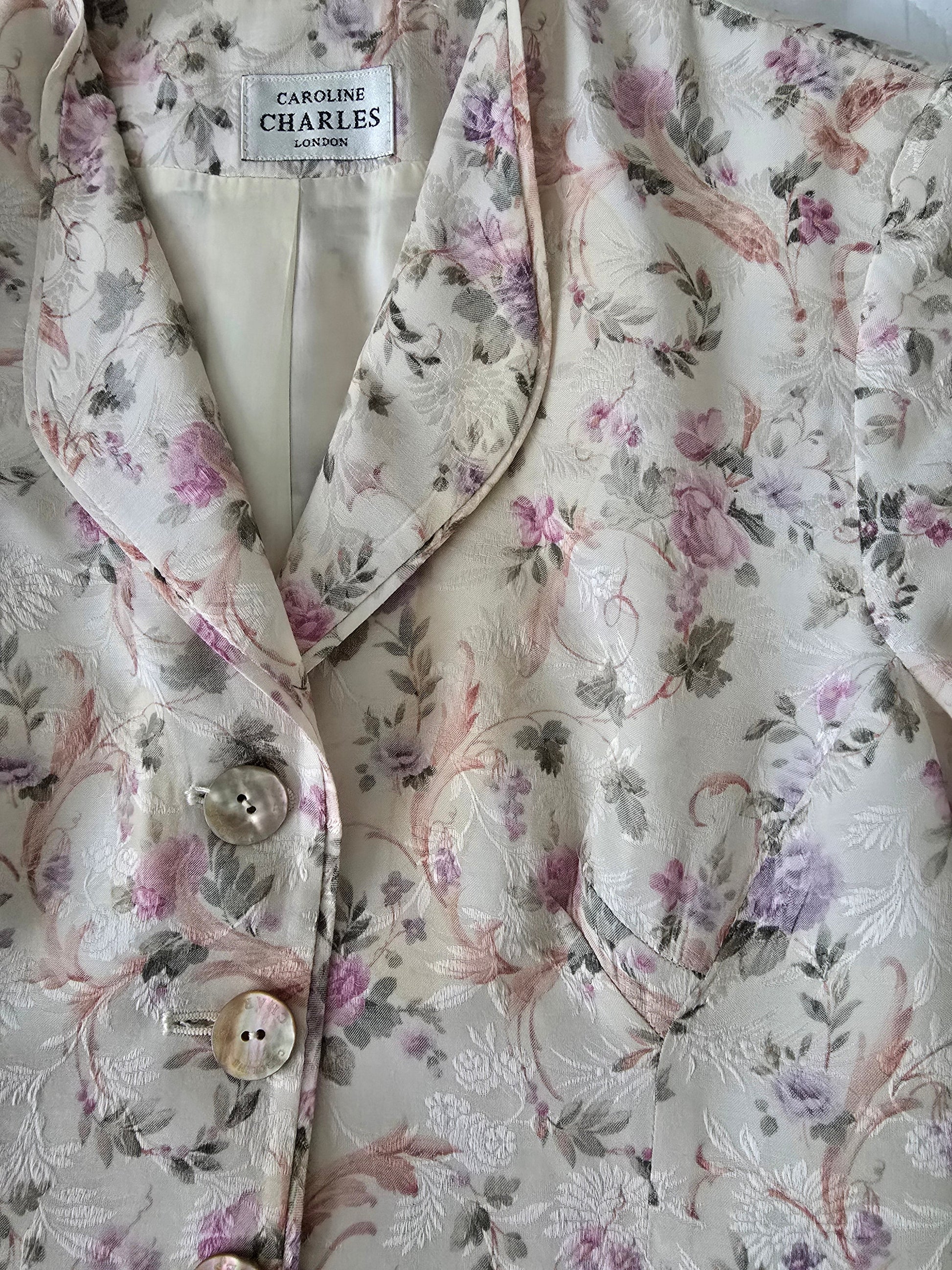 Caroline Charles White Floral Longline Jacket UK 8 US 4 EU 34 - Timelessfashions