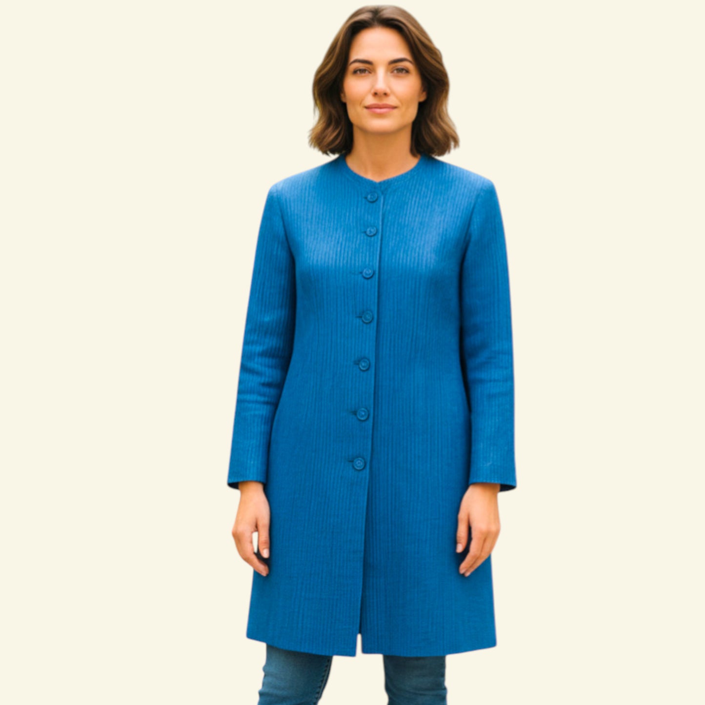 Woman wearing a blue coat on a beige background