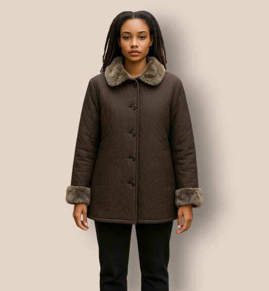 Caroline Charles Brown Quilted Fur Trimmed Coat UK 14 US 10 EU 42 Timeless Fashions