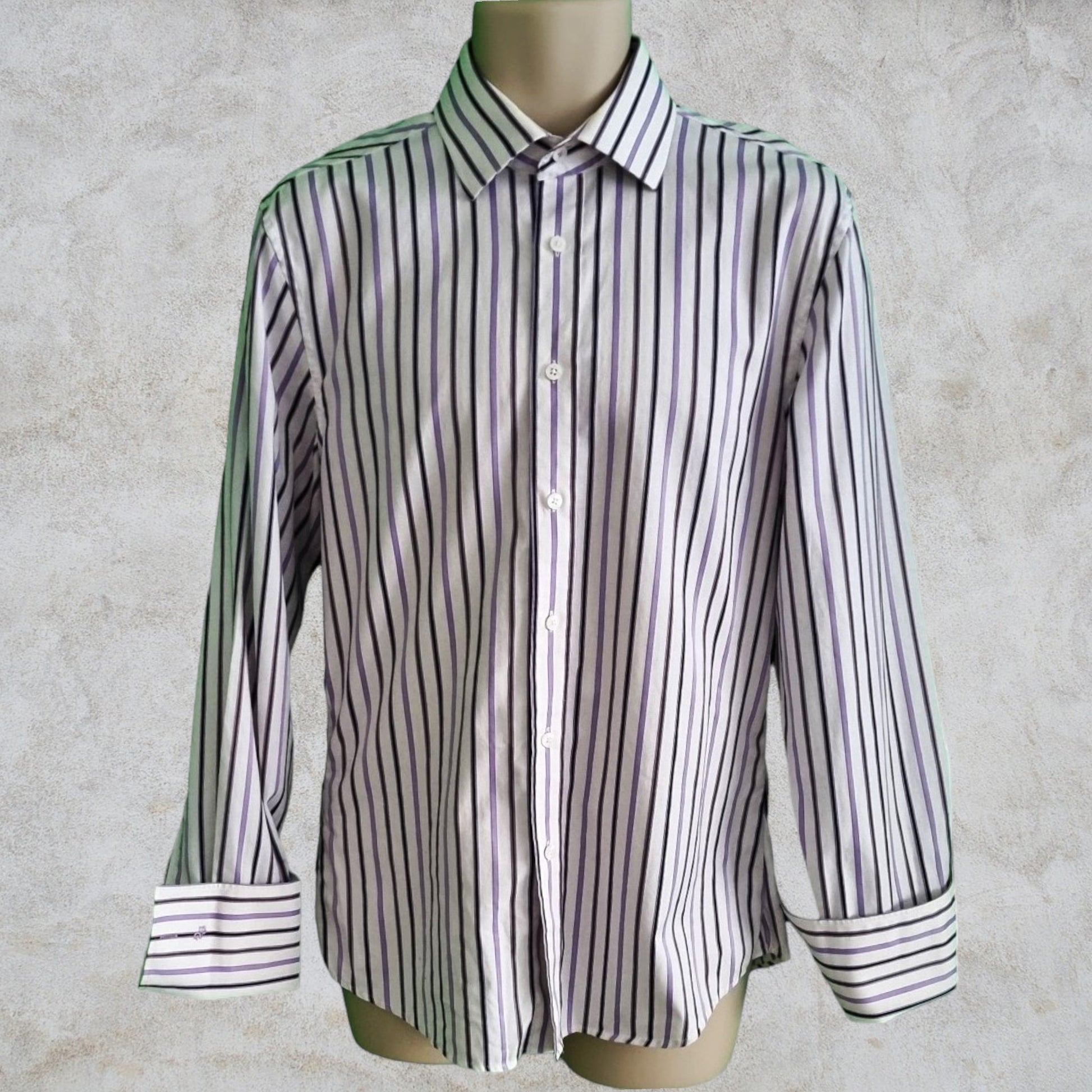 St George by DUFFER Mens White & Lilac Multi Stripe Shirt. Size 15½ collar. Timeless Fashions