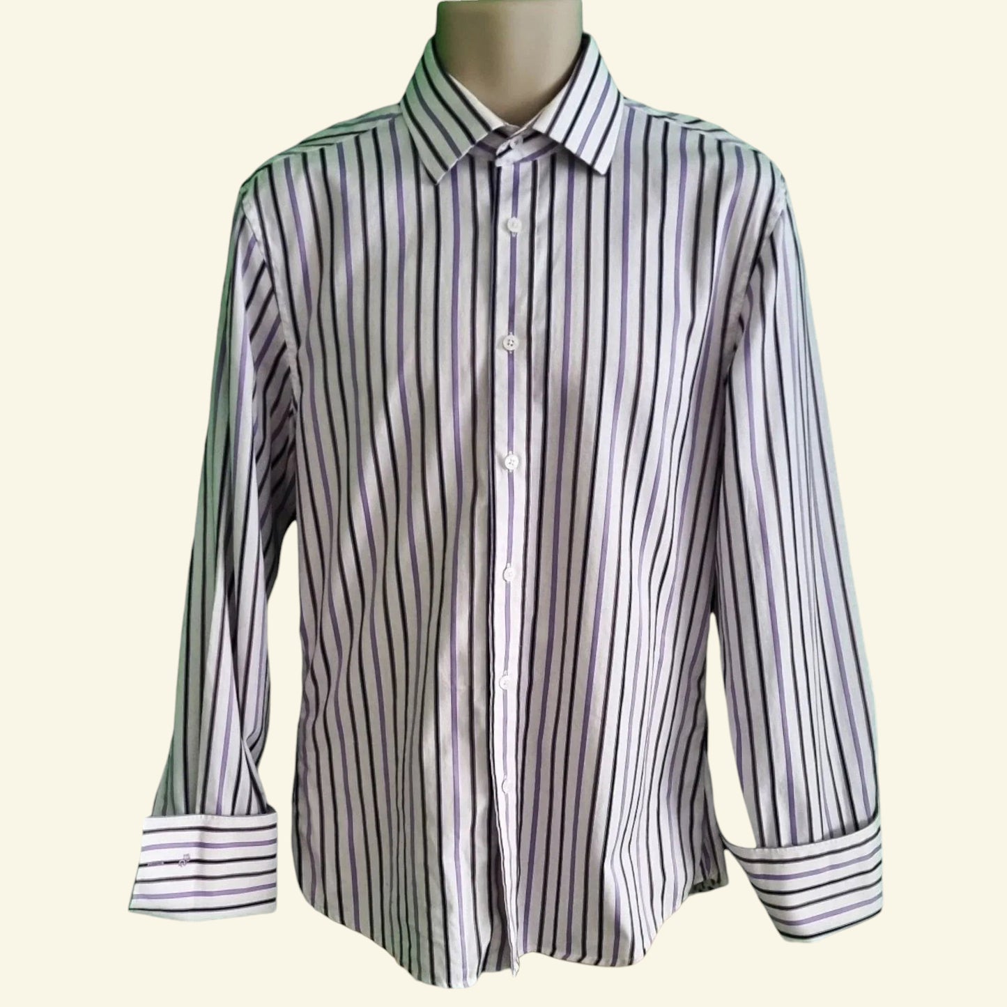 St George by DUFFER Mens White & Lilac Multi Stripe Shirt. Size 15½ collar. - Timelessfashions