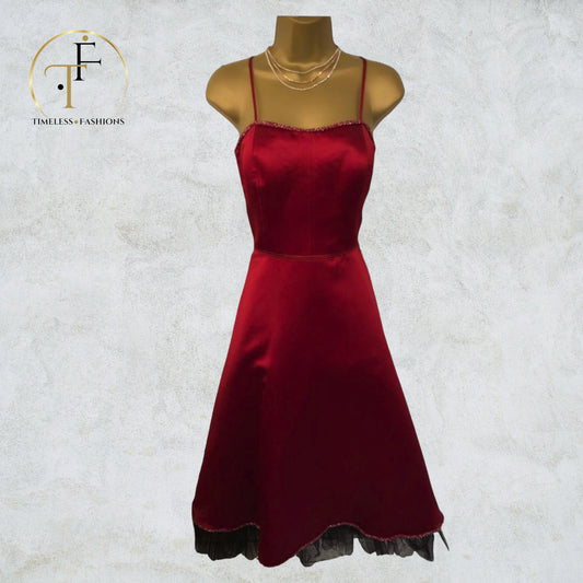 D'Zage Women's Red Duchess Satin & Black Net Dress UK 12 US 8 EU 40 Timeless Fashions