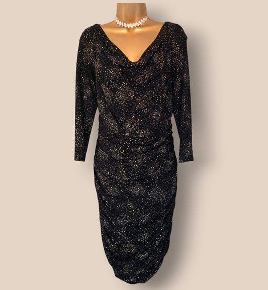 Damsel In A Dress Black And Gold Ruched Bodycon Dress UK 14 US 10 EU 42 - Timelessfashions