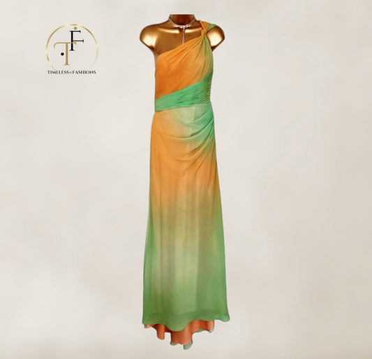 Faviana Couture Peach & Green Fish Tail Maxi Dress UK 6 US 2 EU 34 IT38 Timeless Fashions