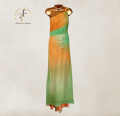 Faviana Couture Peach & Green Fish Tail Maxi Dress UK 6 US 2 EU 34 IT 38 Timeless Fashions