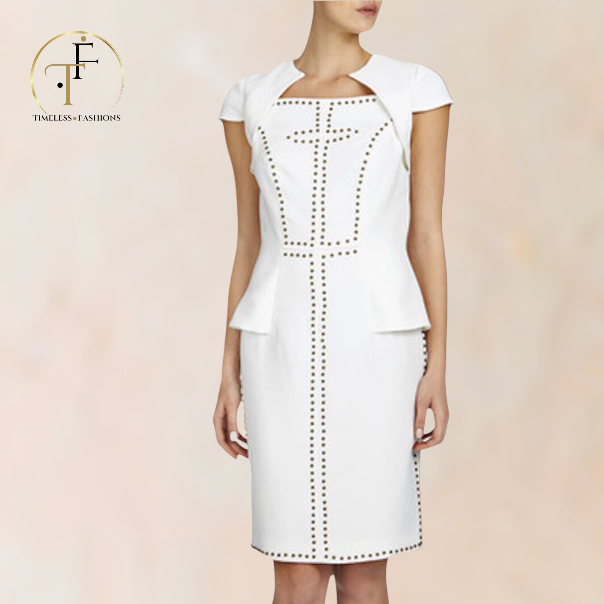Bourne Ivory Studded Peplum Dress UK 10 US 6 EU 38 Timeless Fashions