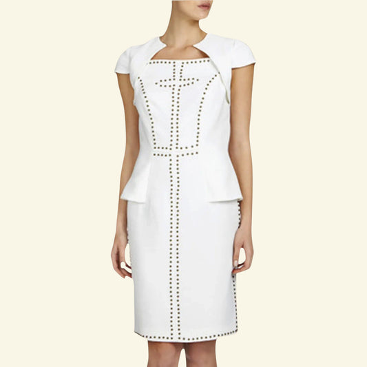 Bourne Ivory Studded Peplum Dress UK 10 US 6 EU 38 - Timelessfashions