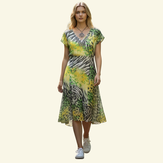 Gerry Weber grey, yellow, and green silk empire dress with animal print and beaded neckline. UK 18.