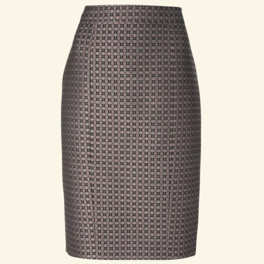 JOSEPH Cravat Jacquard Black Burgundy Pencil Skirt UK 10 US 6 EU 38 - Timelessfashions
