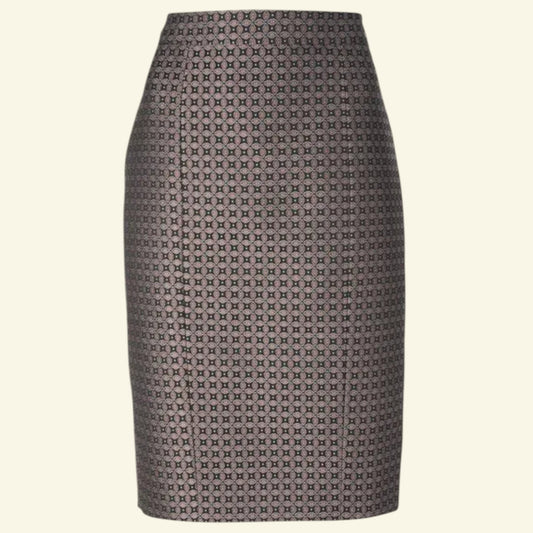 JOSEPH Cravat Jacquard Black Burgundy Pencil Skirt UK 8 - Timelessfashions