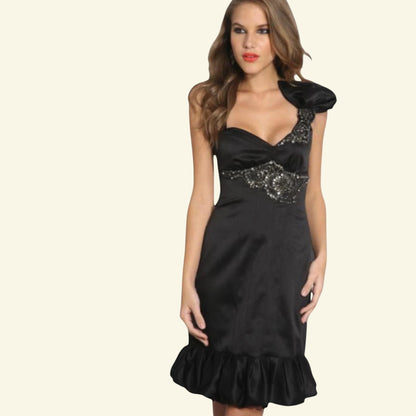 Karen Millen Black Satin Diamanté Bow Dress UK 12 US 8 EU 40 - Timelessfashions
