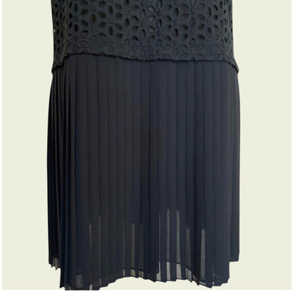 Black dress with lace top and sheer skirt on a beige background