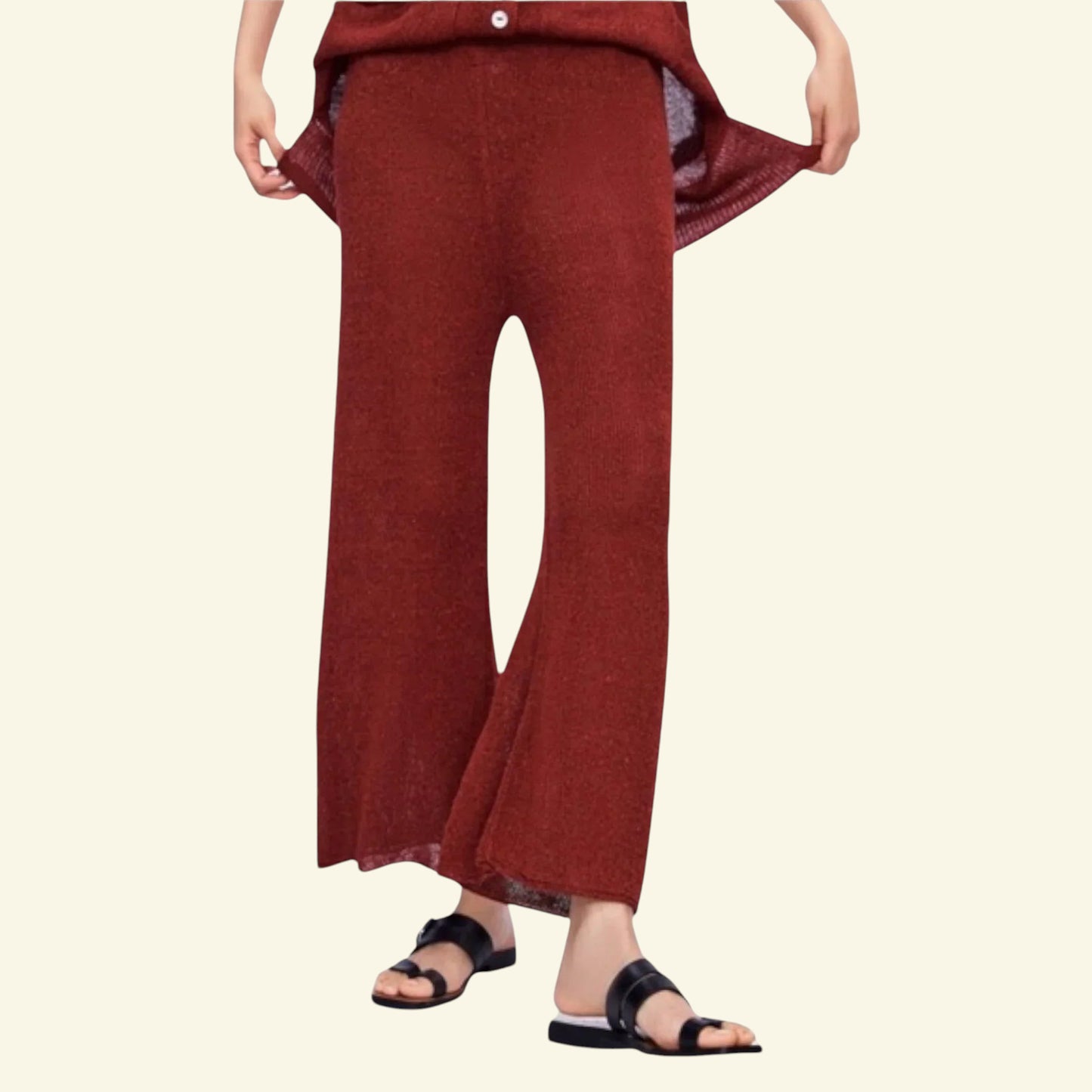 ZARA Rust Knit Linen Mix Wide Leg Culottes & Long Waistcoat UK 12 US 8 EU 40 - Timelessfashions