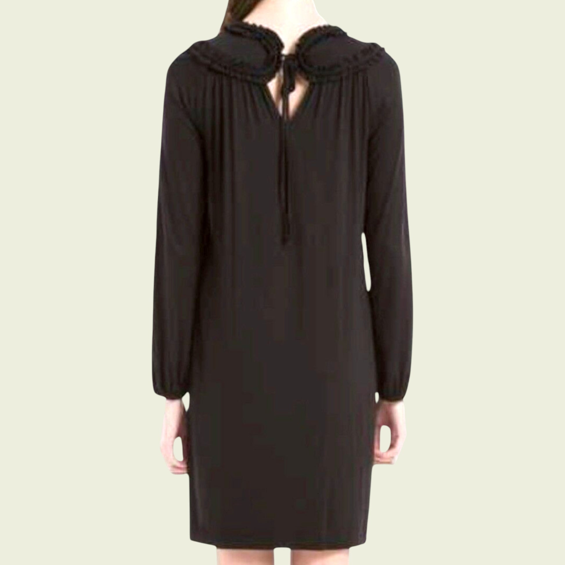 Black dress with a ruffled collar on a beige background