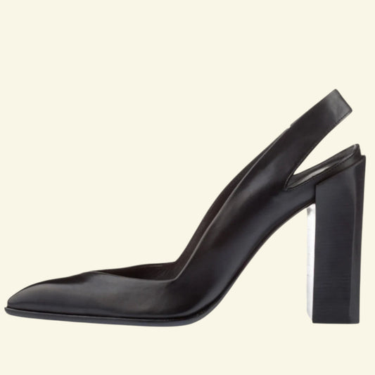 Node Black Leather Slingback Court Shoes, Block Heel UK 7 US 9 EU 40 - Timelessfashions
