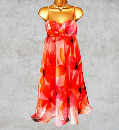 Peach & Orange Floral Silk Prom Dress UK 12 US 8 EU 40 Timeless Fashions