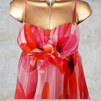 Peach & Orange Floral Silk Prom Dress UK 12 US 8 EU 40 Timeless Fashions