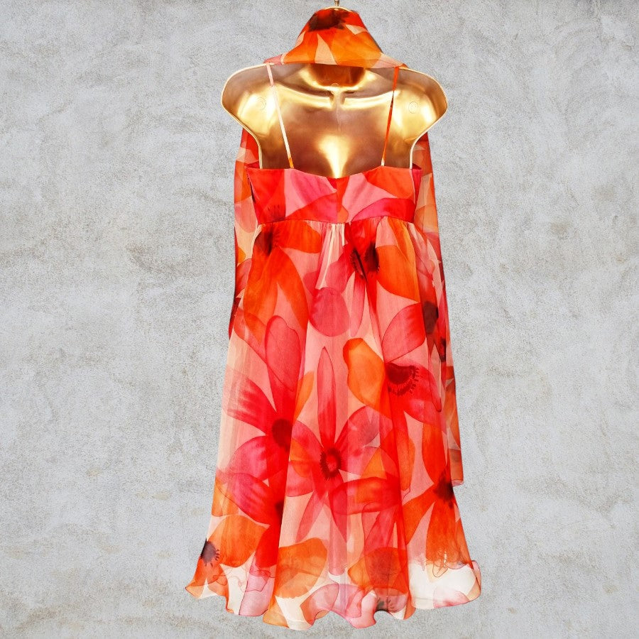Peach & Orange Floral Silk Prom Dress UK 12 US 8 EU 40 Timeless Fashions