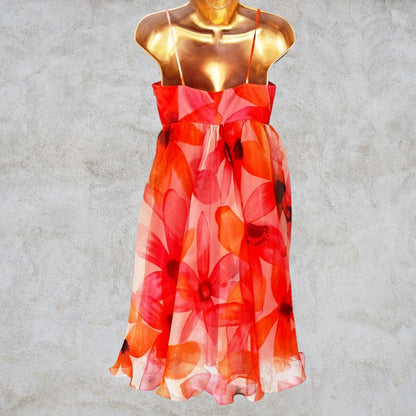 Peach & Orange Floral Silk Prom Dress UK 12 US 8 EU 40 Timeless Fashions