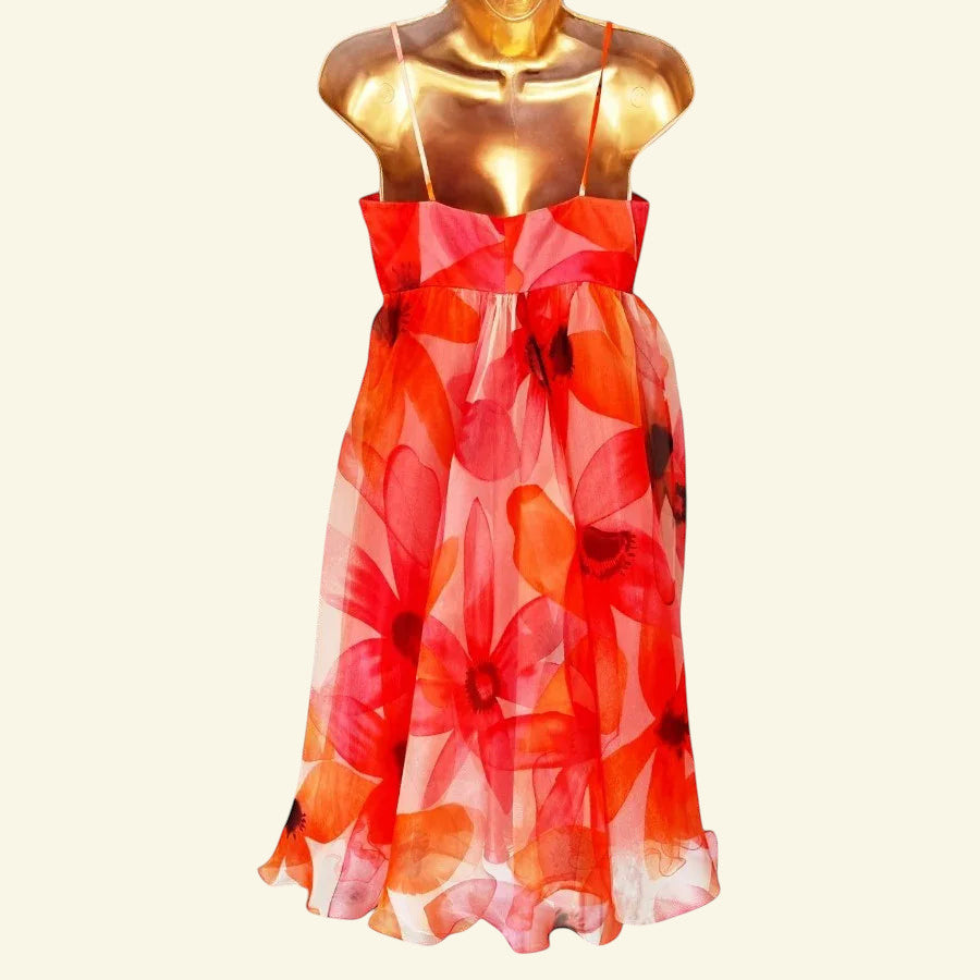 Peach & Orange Floral Silk Prom Dress UK 12 US 8 EU 40 - Timelessfashions