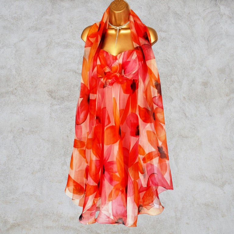 Peach & Orange Floral Silk Prom Dress UK 12 US 8 EU 40 Timeless Fashions