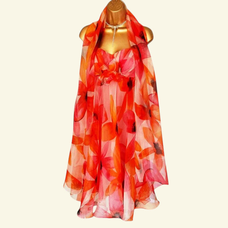 Peach & Orange Floral Silk Prom Dress UK 12 US 8 EU 40 - Timelessfashions