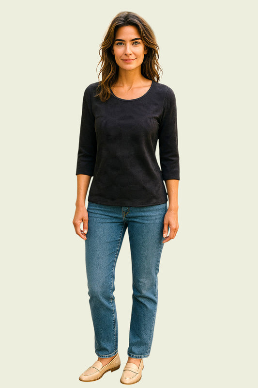 Libra Navy Textured 3/4 Sleeve Top UK 10 US 6 EU 38