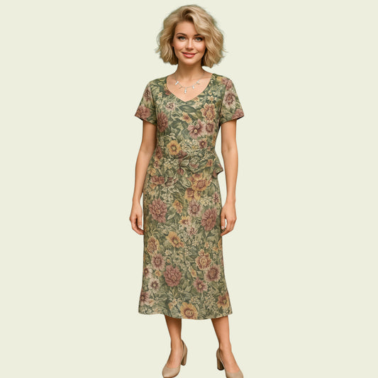 Woman wearing a floral dress on a beige background