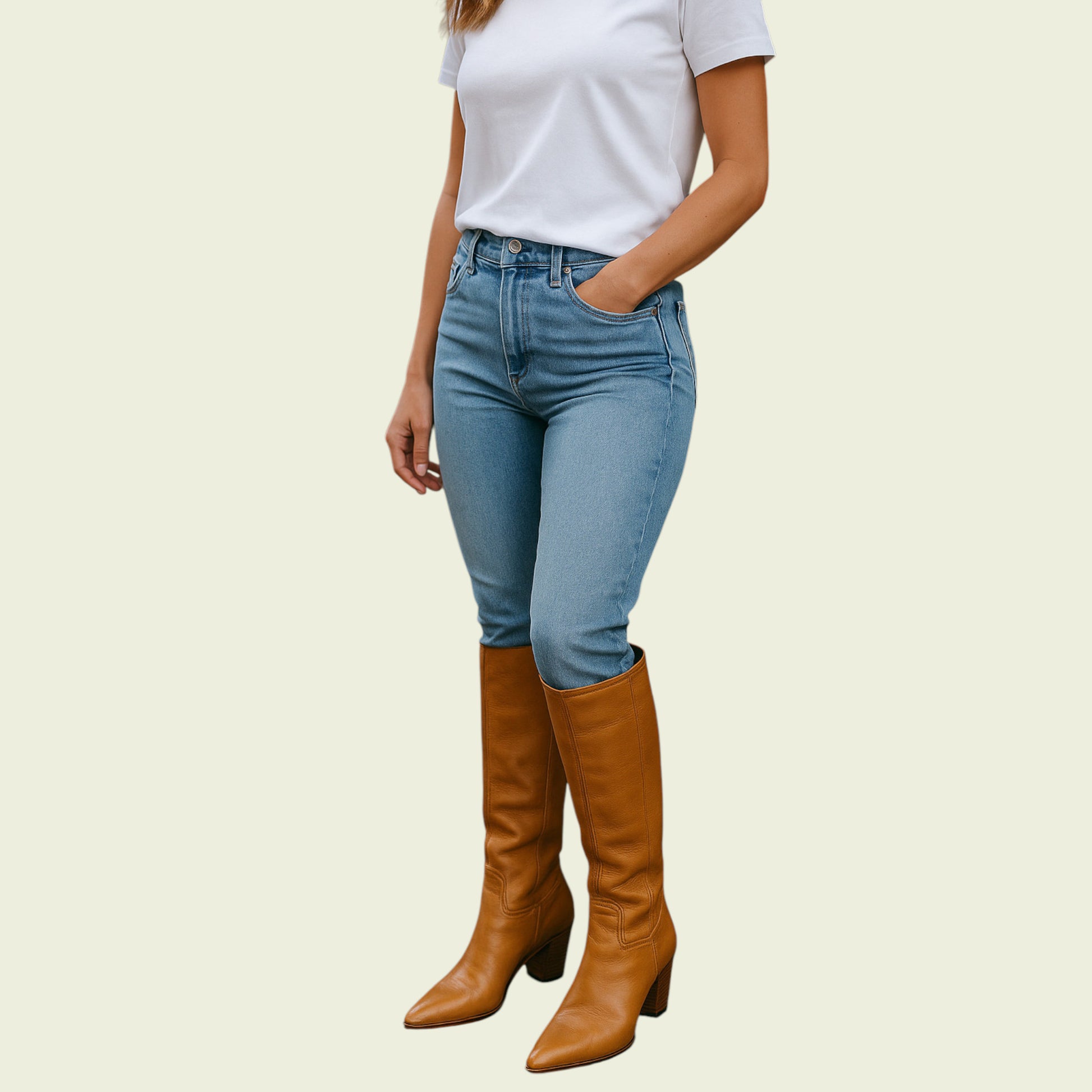 Person wearing blue jeans and tan knee-high boots on a beige background
