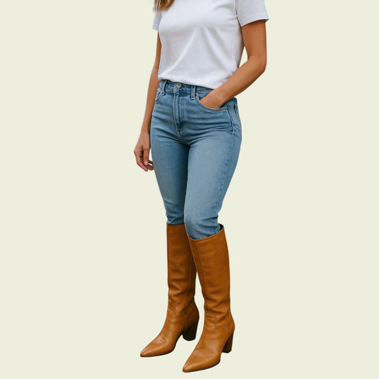 Person wearing blue jeans and tan knee-high boots on a beige background