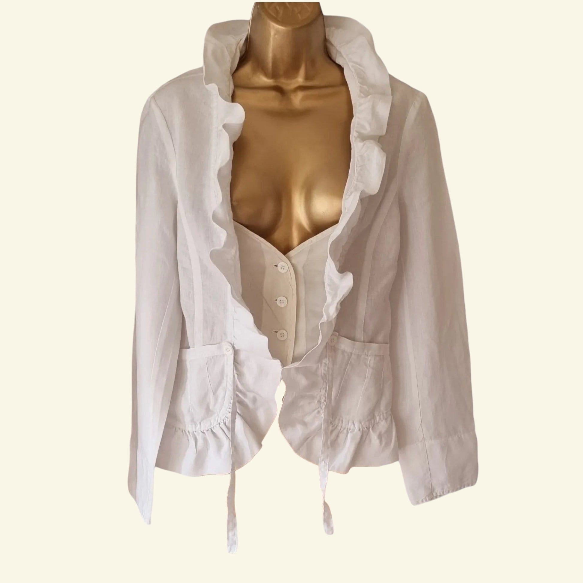 STILLS Womens White Linen & Satin Ruffle Blouse UK 12 US 8 EU 40 - Timelessfashions