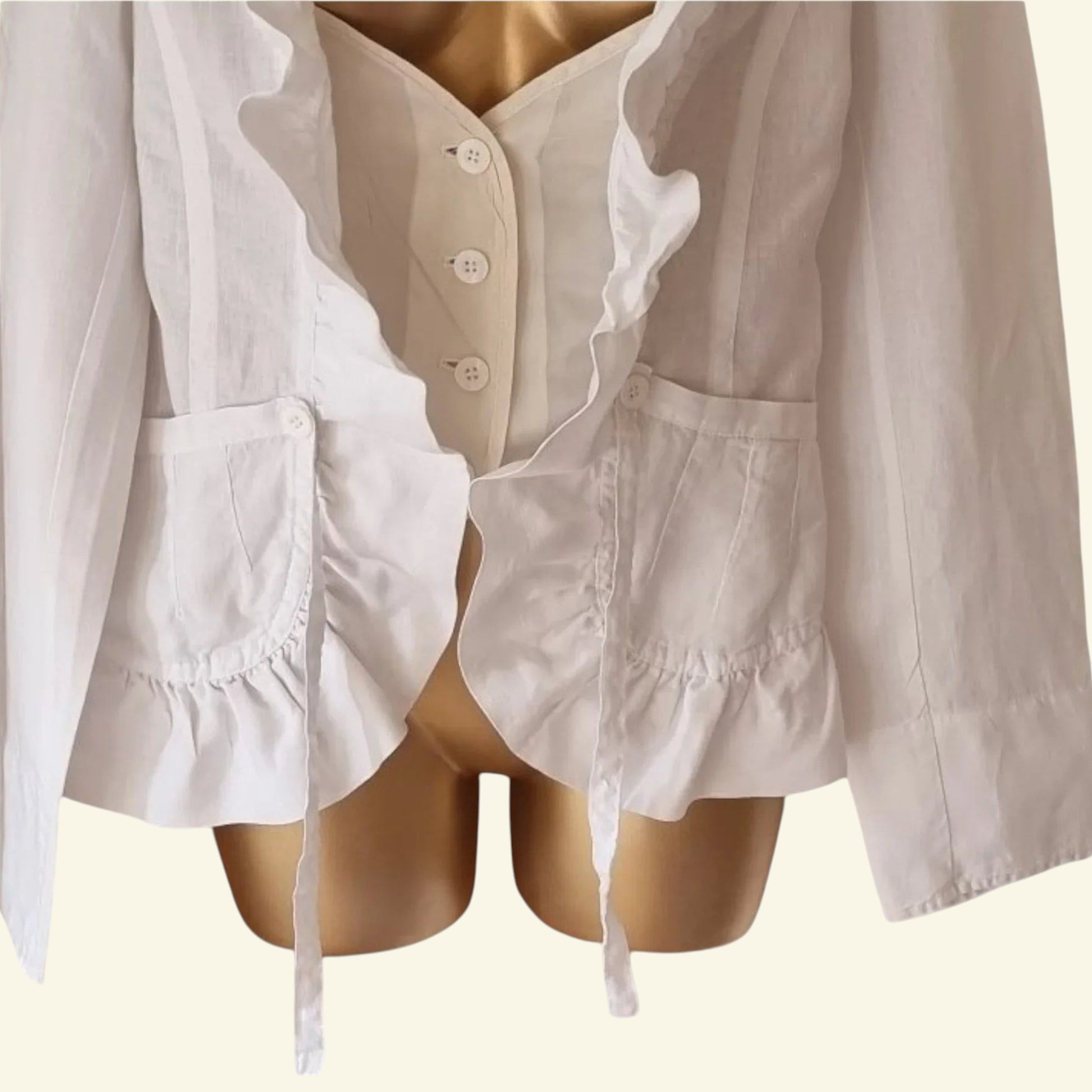 STILLS Womens White Linen & Satin Ruffle Blouse UK 12 US 8 EU 40 - Timelessfashions
