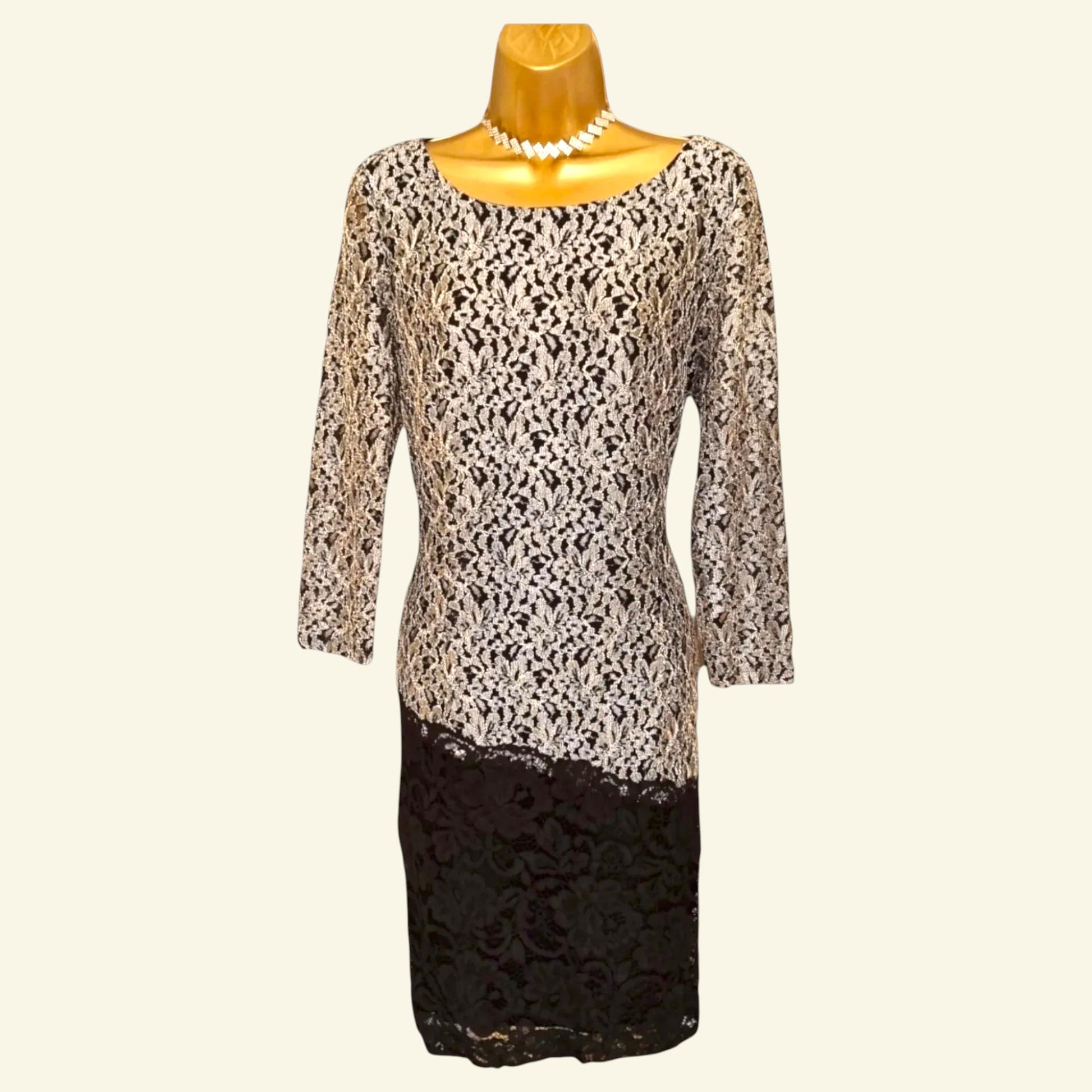 Antonio Melani Vintage Black & Silver Lace Overlay Midi Dress UK 14 US 10 EU 42 IT 46 - Timelessfashions