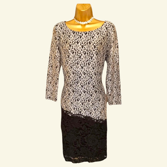 Antonio Melani Vintage Black & Silver Lace Overlay Midi Dress UK 14 US 10 EU 42 IT 46 - Timelessfashions