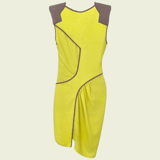 Yellow dress with brown accents on a beige background