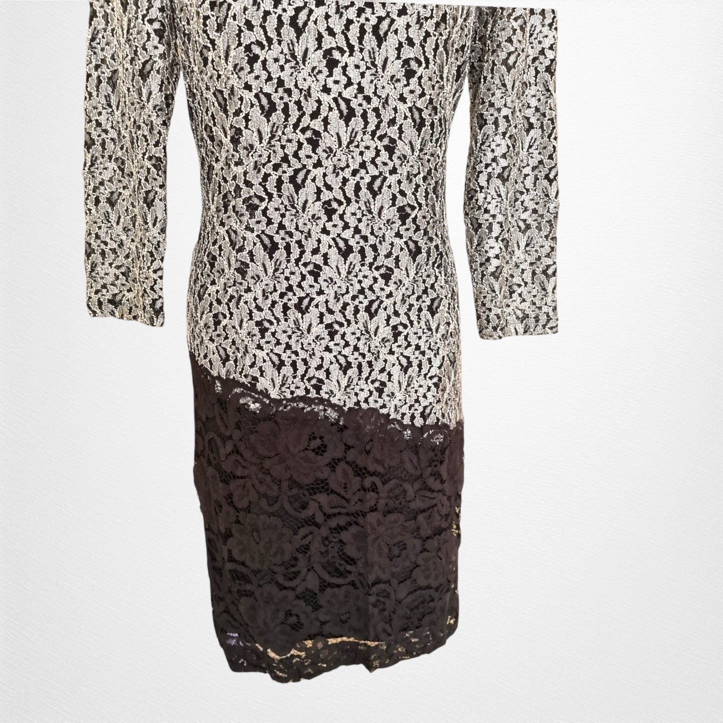 Antonio Melani Vintage Black & Silver Lace Overlay Midi Dress UK 14 US 10 EU 42 IT 46 Timeless Fashions