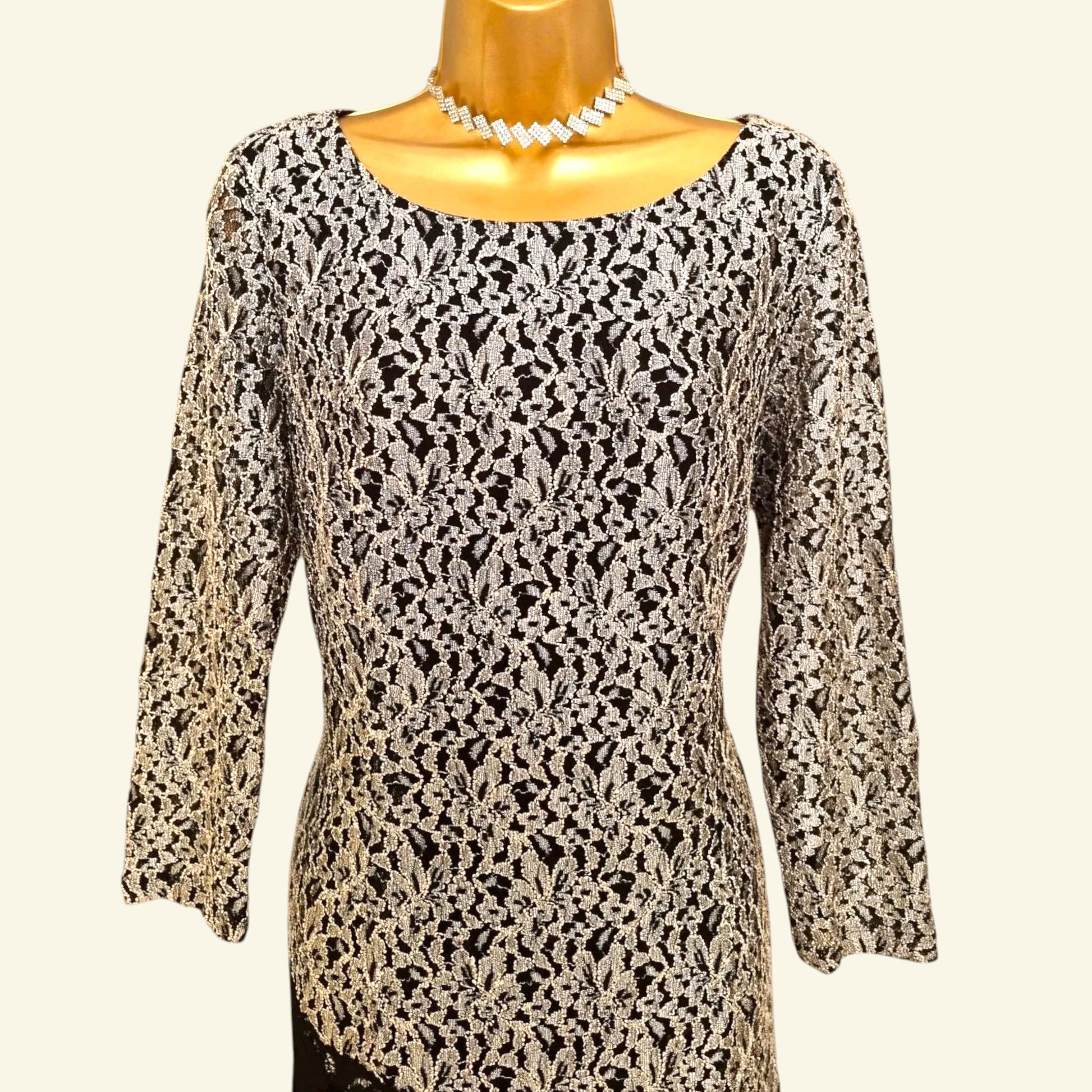 Antonio Melani Vintage Black & Silver Lace Overlay Midi Dress UK 14 US 10 EU 42 IT 46 - Timelessfashions
