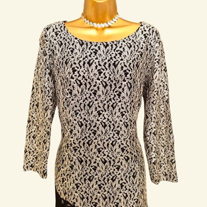 Antonio Melani Vintage Black & Silver Lace Overlay Midi Dress UK 14 US 10 EU 42 IT 46 - Timelessfashions