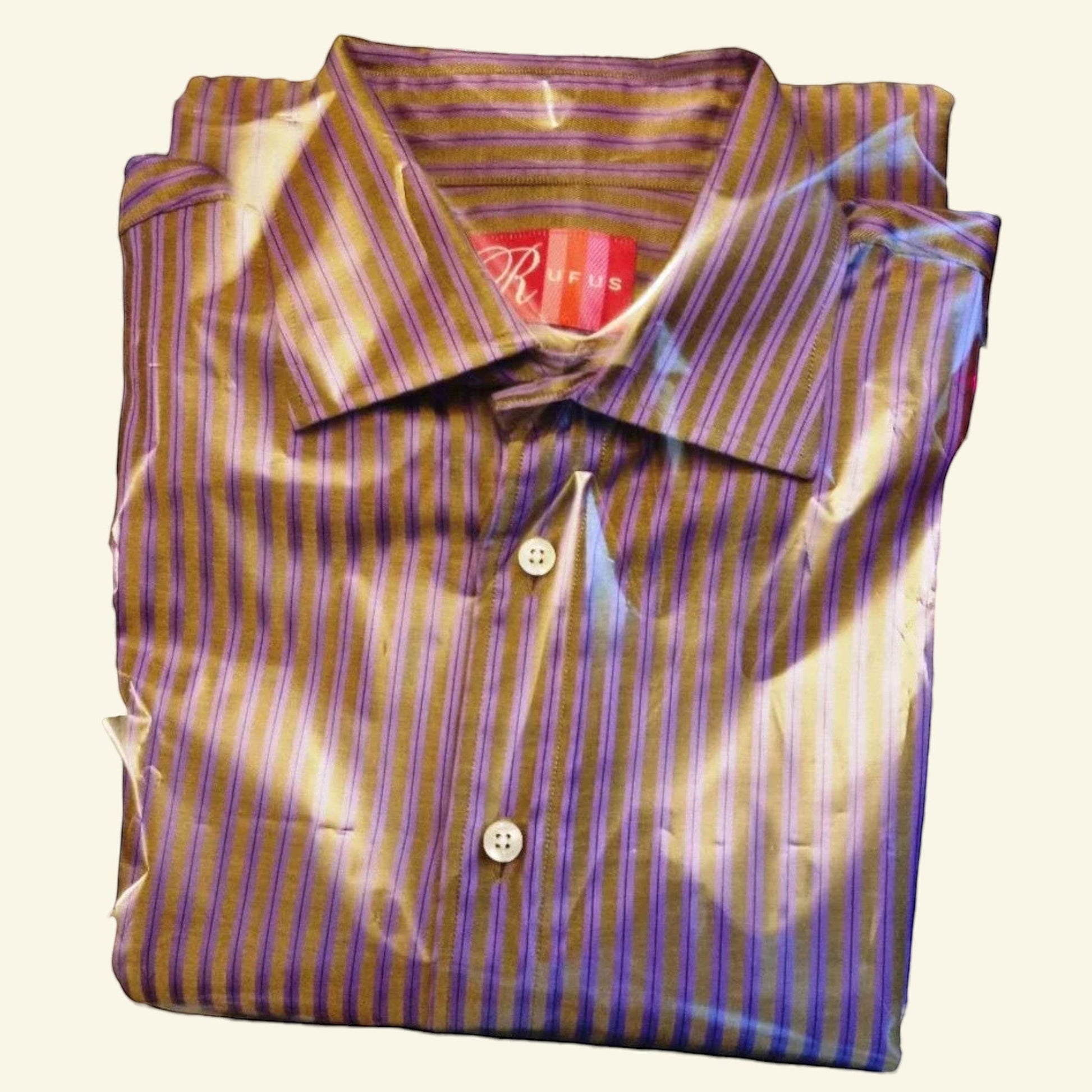 Rufus Men's Brown/Gold/ Lilac Stripe Shirt Size M - Timelessfashions