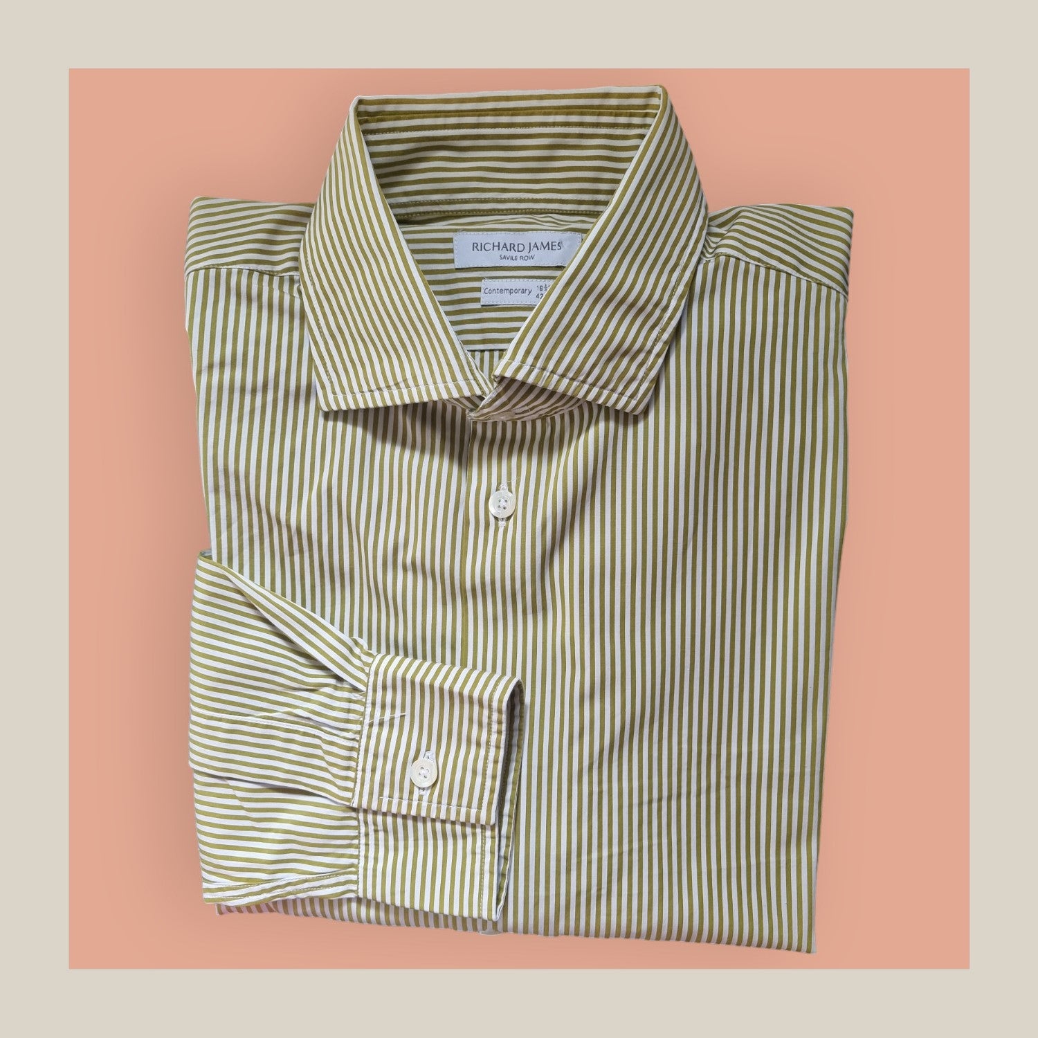 Richard James Saville Row Men’s Khaki Striped Shirt – Size 15 1/2 - Timelessfashions