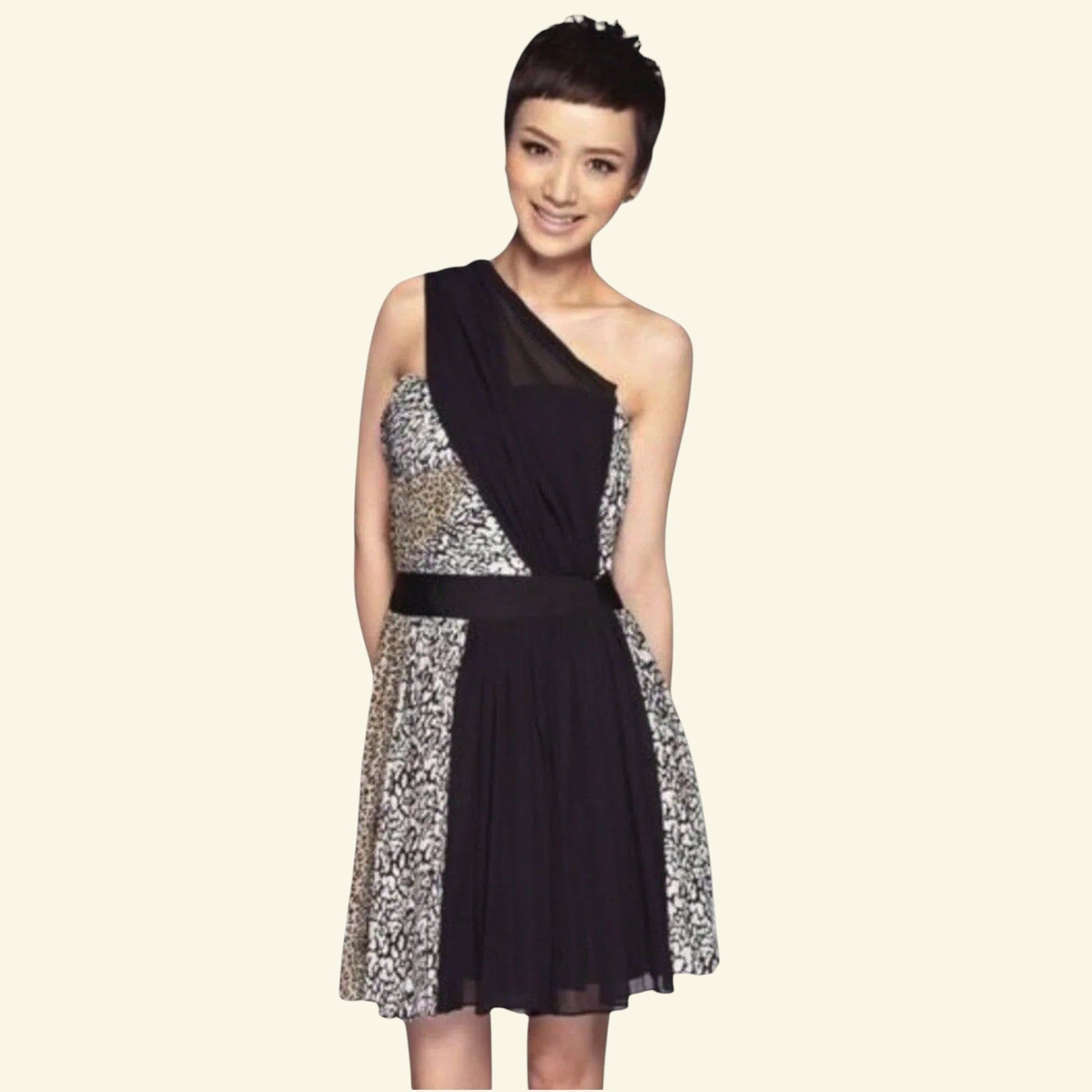 Reiss 1971 Myla Black Silk Leopard Print One Shoulder Dress UK 10 US 6 EU 38 BNWT RRP £189 - Timelessfashions