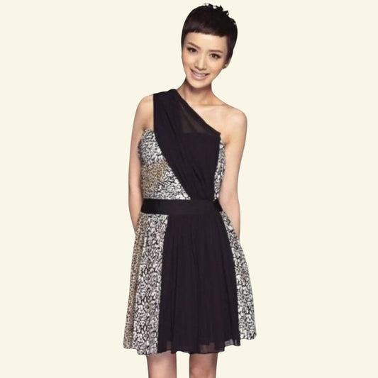 Reiss 1971 Myla Black Silk Leopard Print One Shoulder Dress UK 14 US 10 EU 42 - Timelessfashions