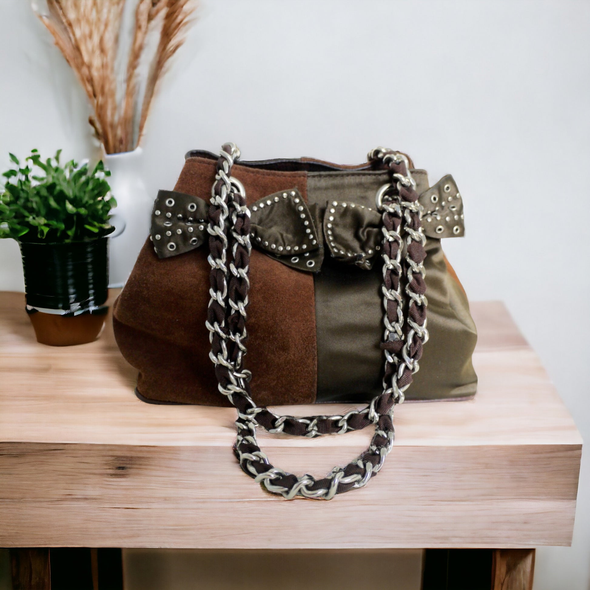 Beverly Feldman for Russell & Bromley Vintage Brown Suede & Satin Handbag Timeless Fashions